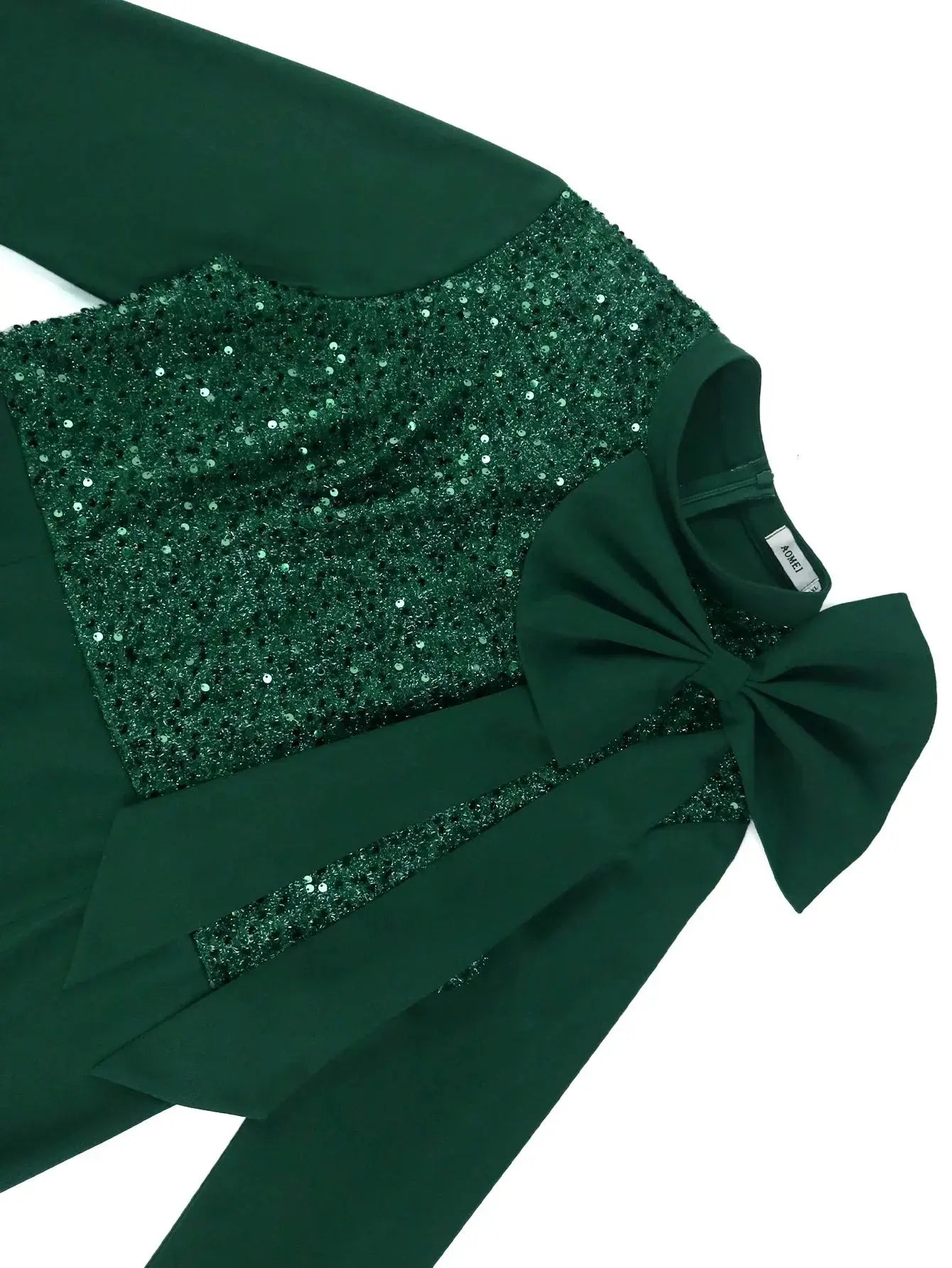 Elegant Green Shiny Sequined Dresses with Bow Long Flare Sleeves Mermaid Christmas African Brithday Party Occasion Event Robes FZwear