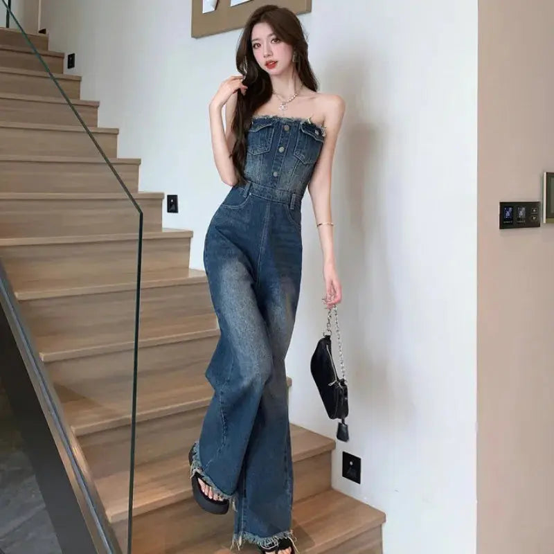 Elegant Women's Strapless Sleeveless Strapless Full Length Blue Backless Tube Top Denim Jumpsuit High Waist Wide Leg Overalls FZwear