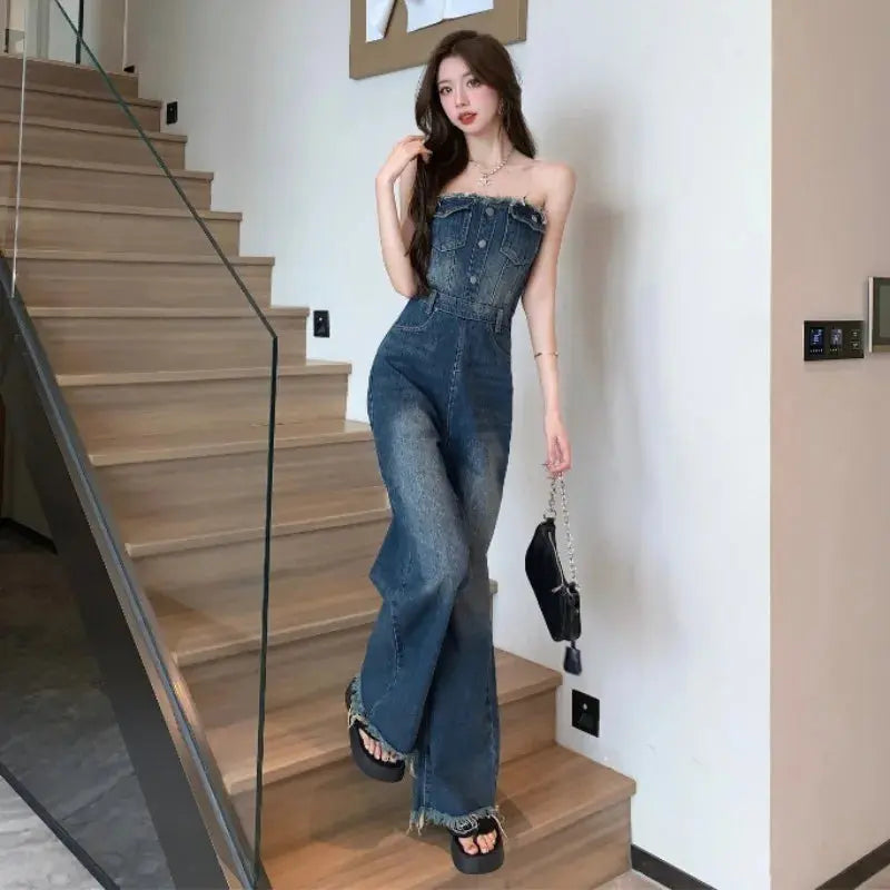 Elegant Women's Strapless Sleeveless Strapless Full Length Blue Backless Tube Top Denim Jumpsuit High Waist Wide Leg Overalls FZwear