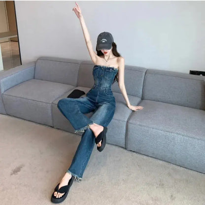 Elegant Women's Strapless Sleeveless Strapless Full Length Blue Backless Tube Top Denim Jumpsuit High Waist Wide Leg Overalls FZwear