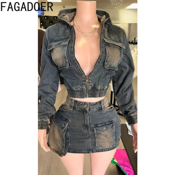 FAGADOER Y2k Retro Denim Two Piece Set Hot Girl Cargo Pockets Patchwork Zip Jacket and Stretchy Mini Skirts Suits Streetwear New FZwear