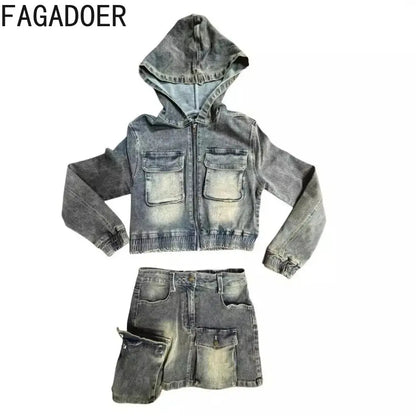 FAGADOER Y2k Retro Denim Two Piece Set Hot Girl Cargo Pockets Patchwork Zip Jacket and Stretchy Mini Skirts Suits Streetwear New FZwear