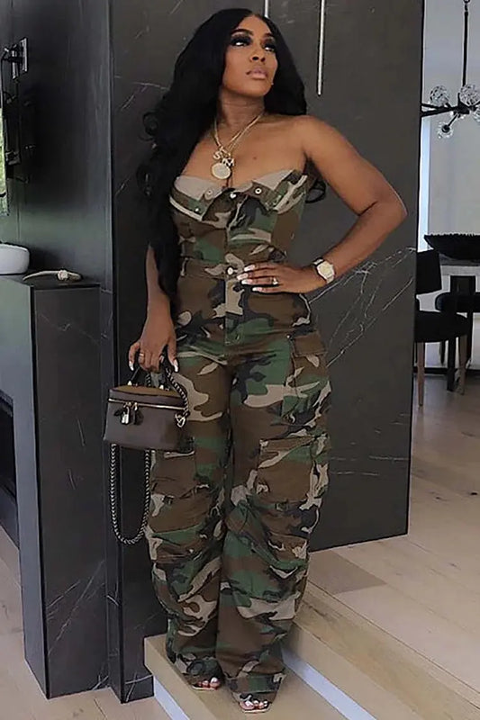 FZ Women's Camo Print Button Up Strapless Pocket Wide Leg Cargo Jumpsuit Loragal