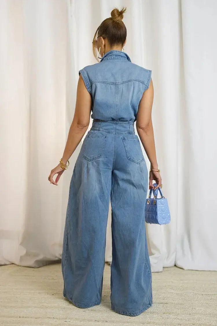 FZ Women's Sleeveless Button Down Cinch Waist Flare Leg Denim Jumpsuit Loragal