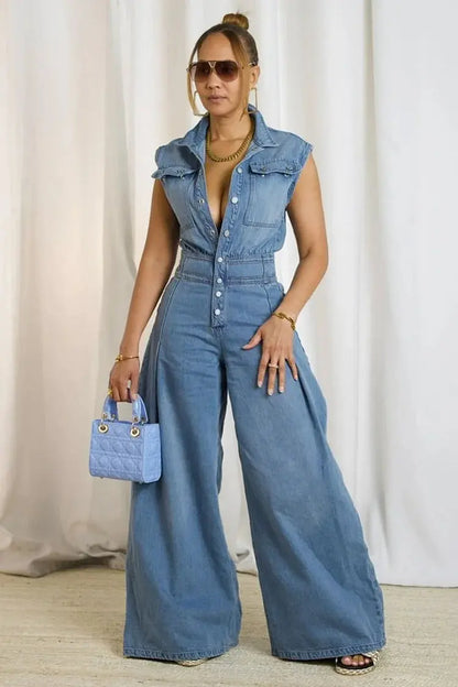 FZ Women's Sleeveless Button Down Cinch Waist Flare Leg Denim Jumpsuit Loragal