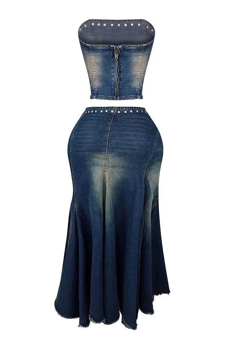 FZ Women's Studded Tube High Slit Raw Trim Vintage Matching Maxi Denim Skirt Suit Loragal