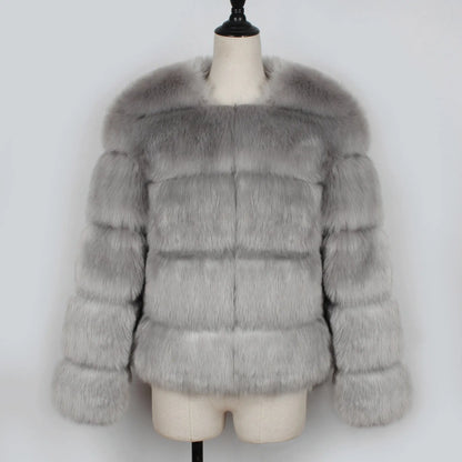 Fall Winter Faux Fur Cross Groove Coat Women Coat Fox Fur Short Overcoat Coat Richy