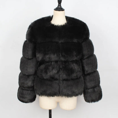 Fall Winter Faux Fur Cross Groove Coat Women Coat Fox Fur Short Overcoat Coat Richy