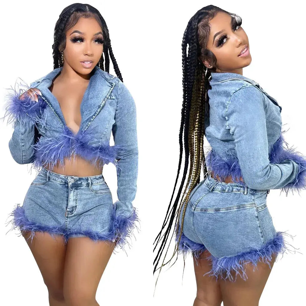 Fashion Denim Feathers Patchwork Two Pieces Set Sexy Long Sleeve Crop Jean Top Jacket Shorts Suit Streetwear Sexy Women Clothing FZwear