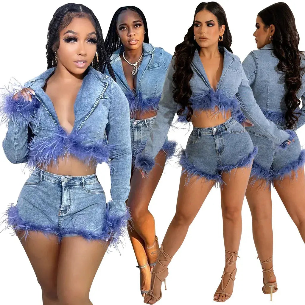 Fashion Denim Feathers Patchwork Two Pieces Set Sexy Long Sleeve Crop Jean Top Jacket Shorts Suit Streetwear Sexy Women Clothing FZwear