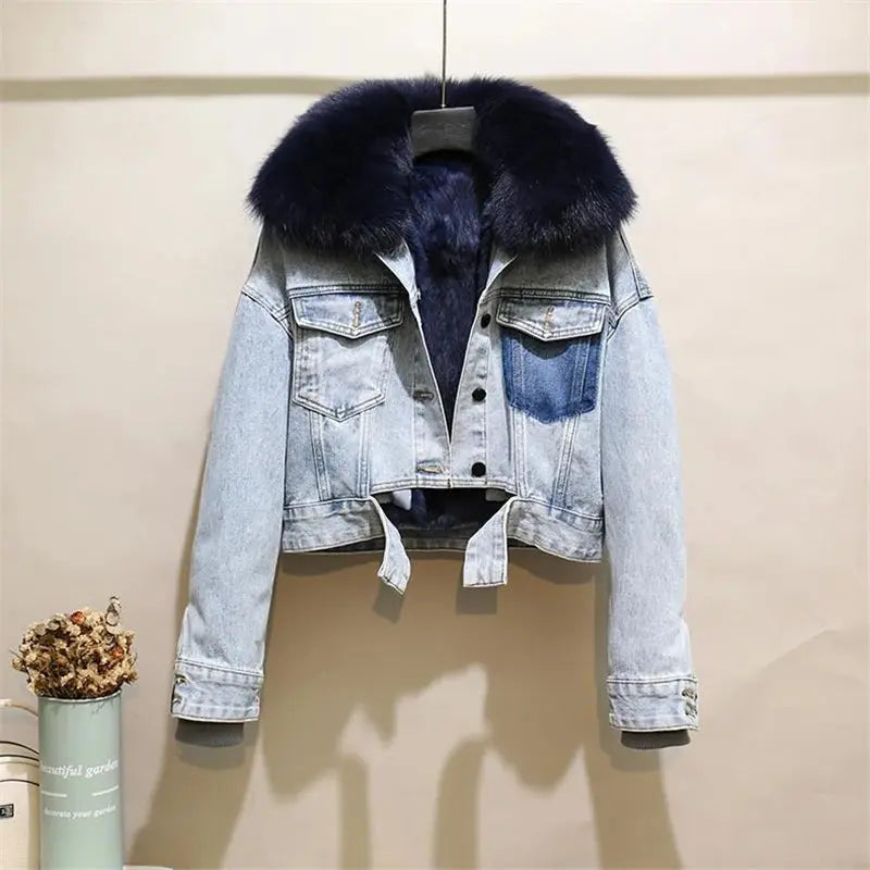 Fashion Denim Overalls Parkas Women Winter Real Fox Fur Collar Rabbit Fur Liner Warm Loose Short Washed Distressed Jacket Female FZwear