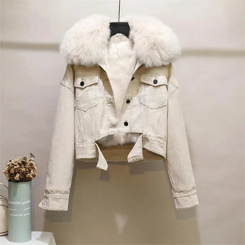 Fashion Denim Overalls Parkas Women Winter Real Fox Fur Collar Rabbit Fur Liner Warm Loose Short Washed Distressed Jacket Female FZwear