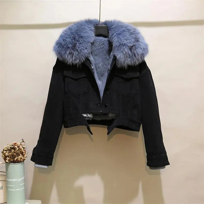 Fashion Denim Overalls Parkas Women Winter Real Fox Fur Collar Rabbit Fur Liner Warm Loose Short Washed Distressed Jacket Female FZwear