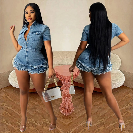 Fashion Denim Tassel Women Jumpsuit Short Sleeve Single Breasted Bodycon Shorts One Piece Streetwear Casual Romper Playsuits FZwear