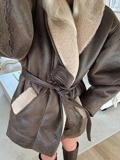 Fashion Sheepskin Neck Spliced Faux Leather Coat With Belt Women Loose Pocket Outerwears 2025 Winter Warm Thicken Street Jackets FZwear