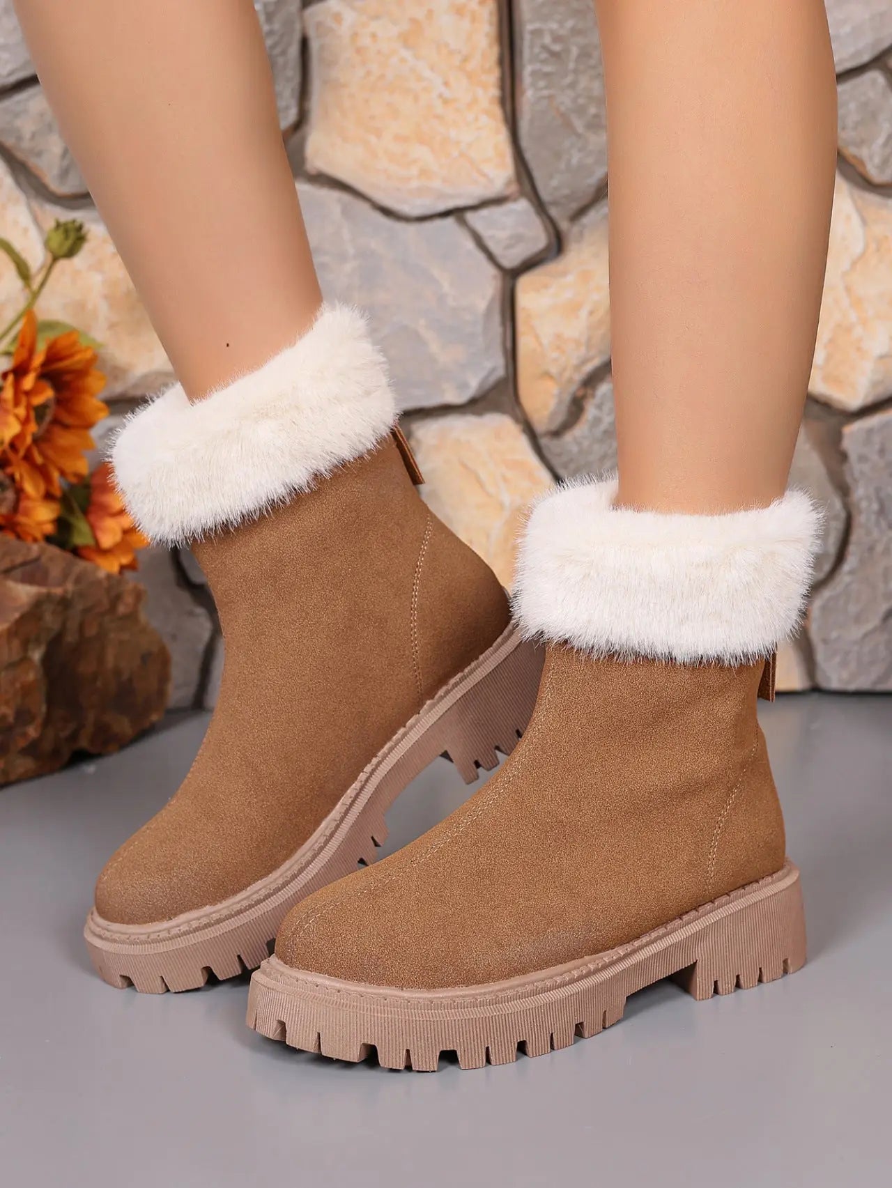 Faux Fur Trim Suede Platform Boots Trendsi