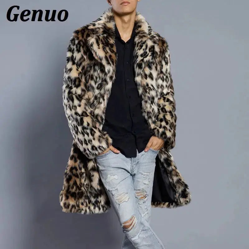 Genuo Men Leopard Print Fur Coat Winter Outwear Thick Coat Men Casual Parka Jackets Warm Long Overcoats Streetwear Clothing FZwear