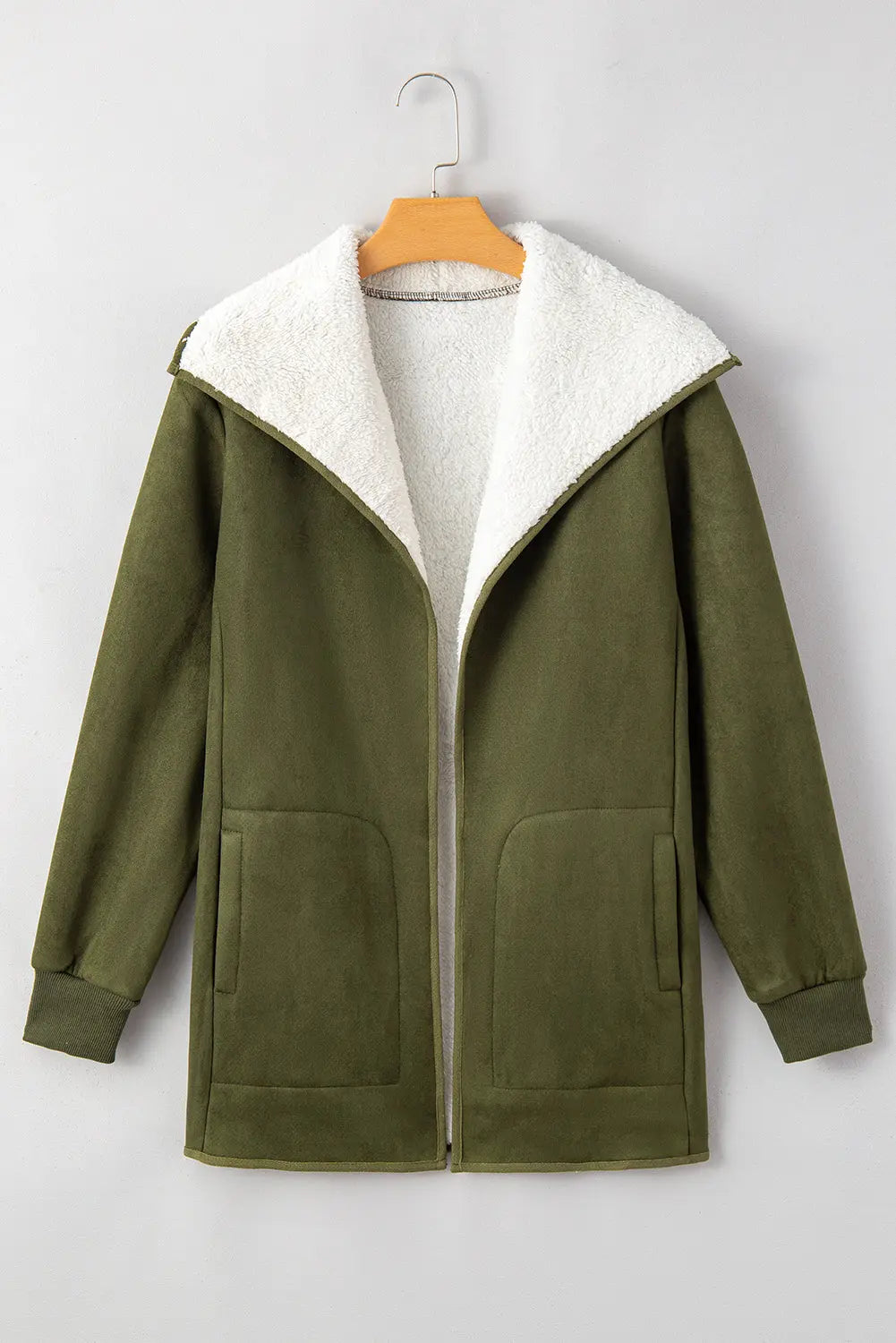 Green Faux Suede Fleece Lined Open Front Jacket FZwear