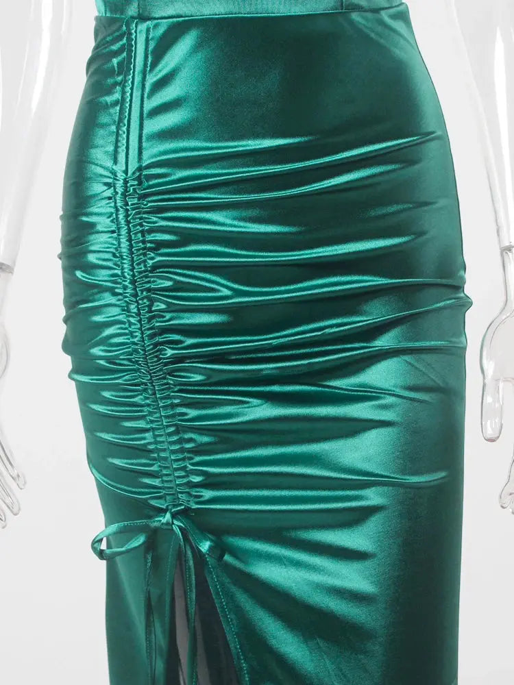 Green Satin Drawstring Split Leg V neck Backless Sleeveless Long Evening Party Dress Gown Prom Summer FZwear