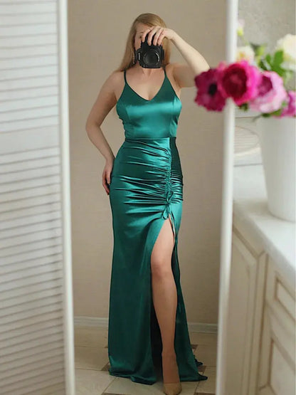 FZ Women's Satin Drawstring Split Leg V neck Backless Evening Dress