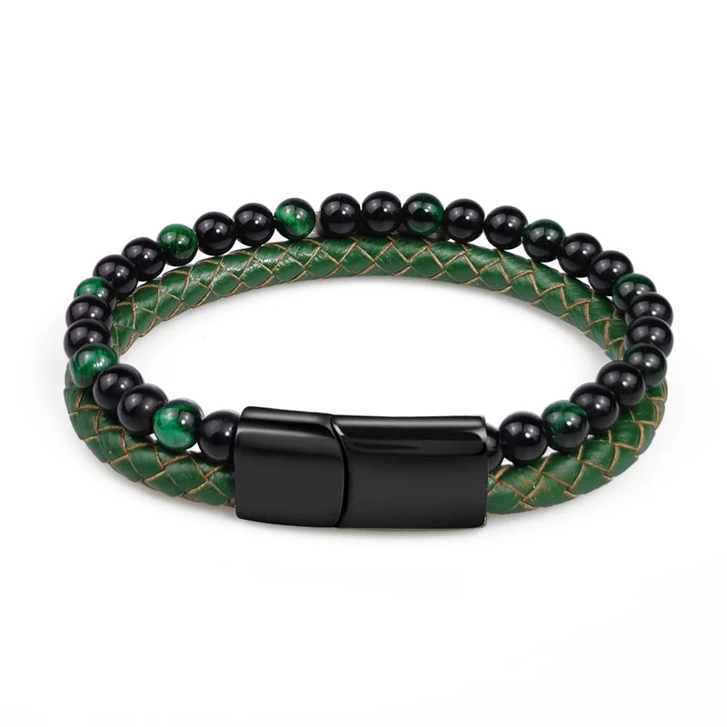 FZ Green Stone Beads Multilayer Leather Stainless Steel Bracelet - FZwear
