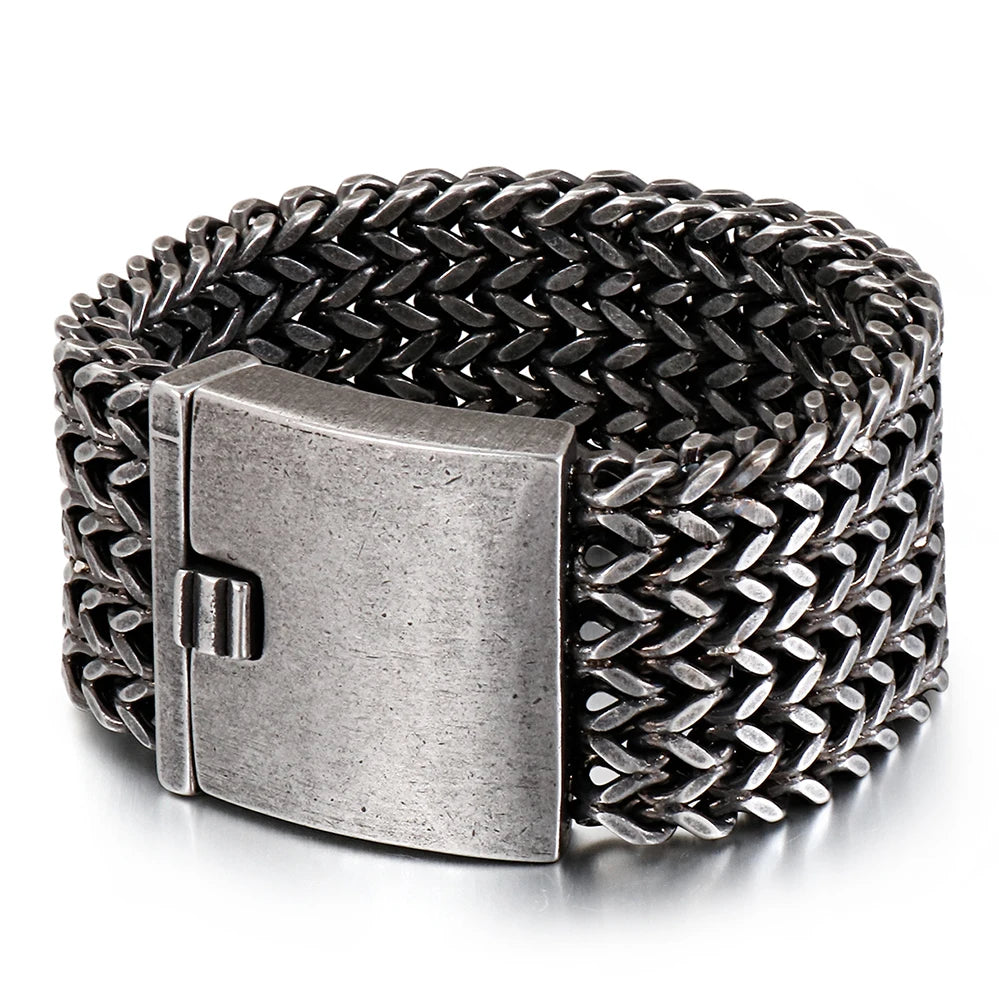 FZ Wide Black Stainless Steel Retro Massive Bracelet - FZwear