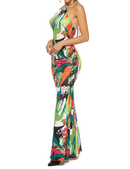 FZ Women's Printing Boho Maxi Sleeveless Halter Neck Backless Sun Dress - FZwear