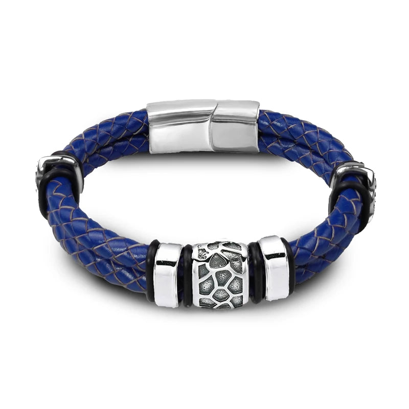 FZ Men's Stainless Steel Irregularly Cracked Genuine Braided Leather Bracelet