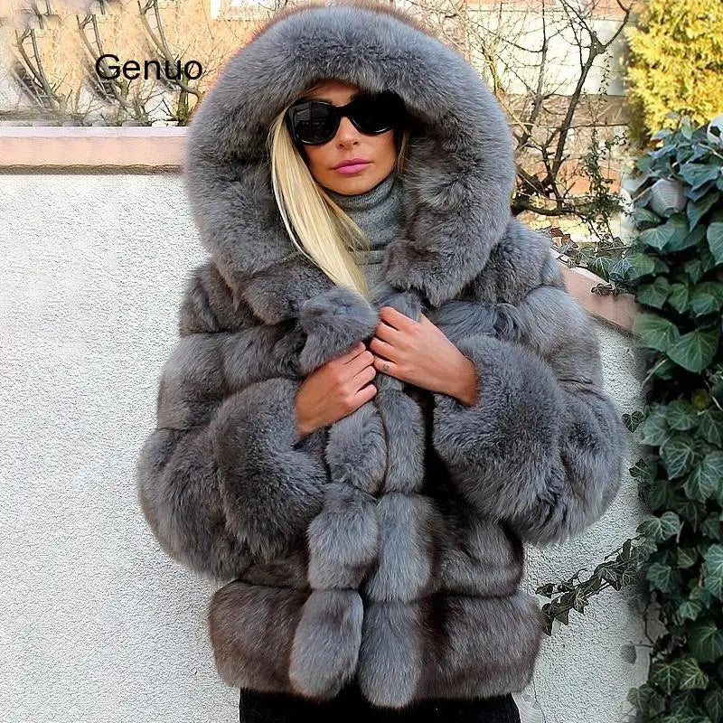 FZ Women's Faux Sheep Fur Fox Long Sleeve Hooded Jacket - FZwear