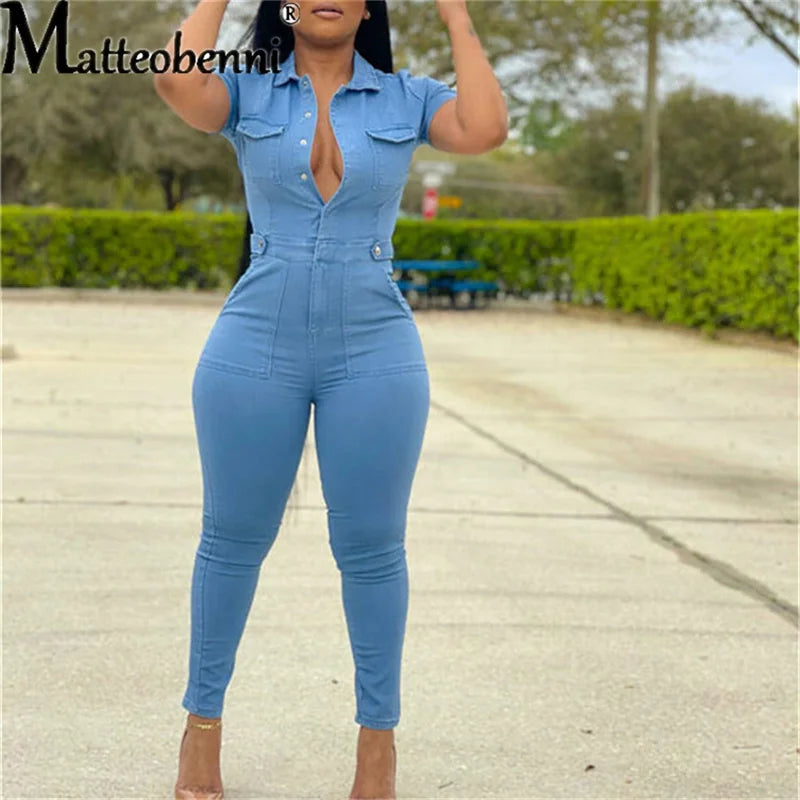 FZ Women Short Sleeve High Waist Skinny Turn Down Collar Denim Jumpsuit