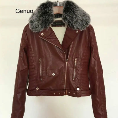 FZ Women's Winter Warm Faux Leather with Fur Collar Belt Biker Jacket