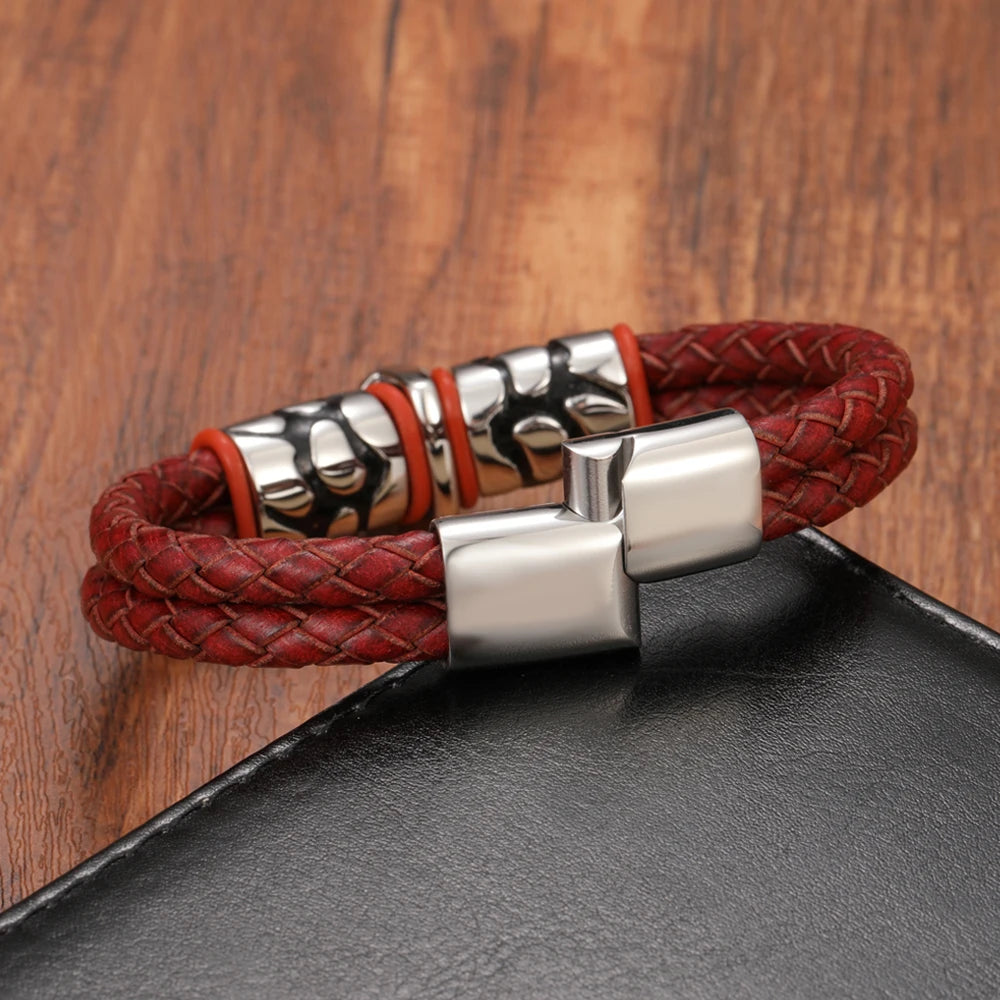FZ Skull Double Woven Stainless Steel Magnetic Clasp Genuine Leather Bracelet