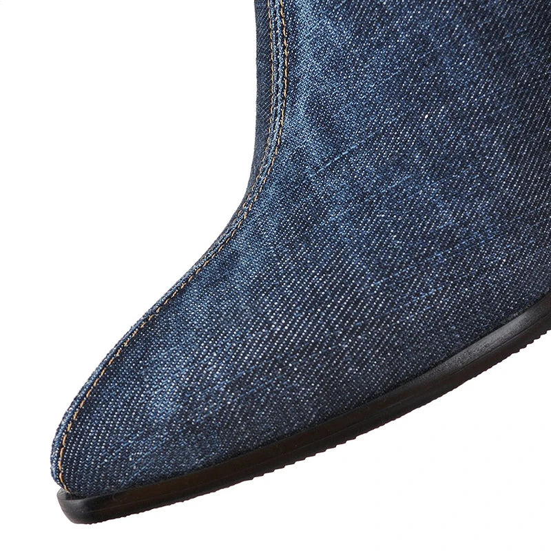 FZ Women's Over The Knee High Pointed Toe Gladiator Heeled Denim Boots