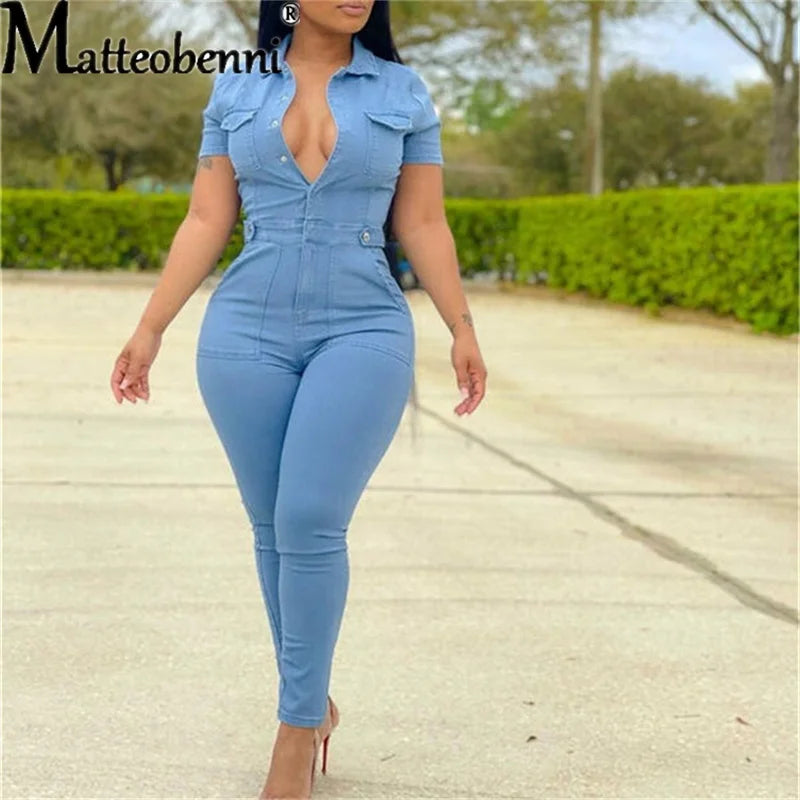 FZ Women Short Sleeve High Waist Skinny Turn Down Collar Denim Jumpsuit