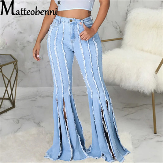 FZ Women's Flare High Waist Fringe Hole Skinny Wide Leg Bell Bottoms Denim Pants - FZwear