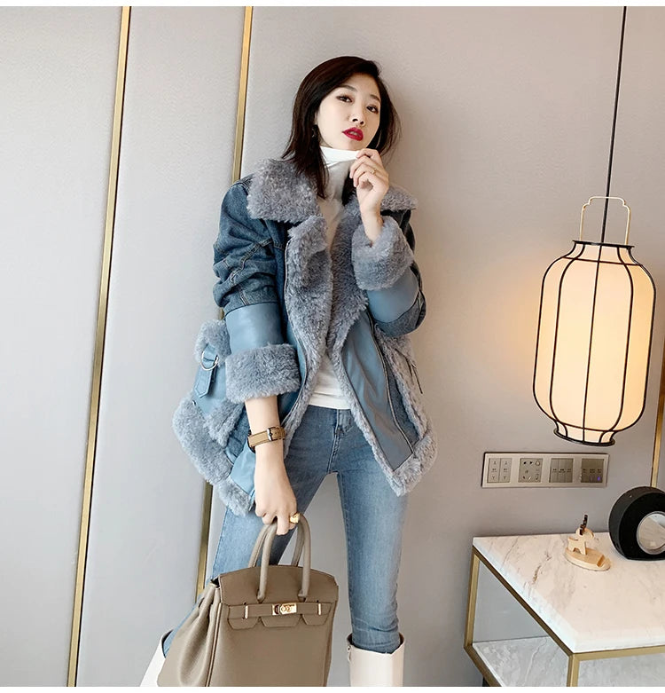 FZ Women's Faux Lamb Wool Denim Loose Plus Velvet Thick Cotton Jacket - FZwear