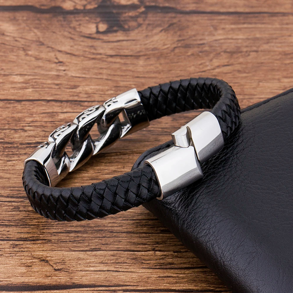 FZ Men's Leather  Black Stainless Steel Magnetic Bracelet