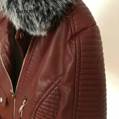 FZ Women's Winter Warm Faux Leather with Fur Collar Belt Biker Jacket