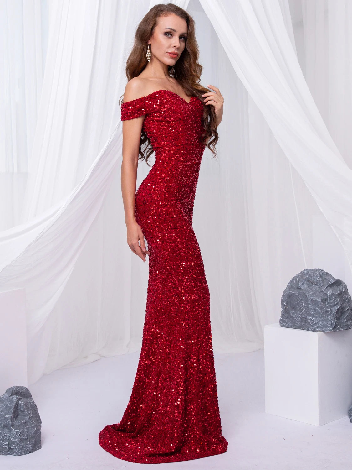 FZ Women's Slash Neck Sequined Off the Shoulder Stretch Floor Length Evening Dress - FZwear