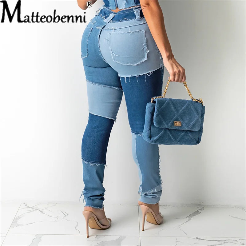 FZ Women's Patchwork Slim Fit Stretch Skinny High Waist Pencil Denim Pants