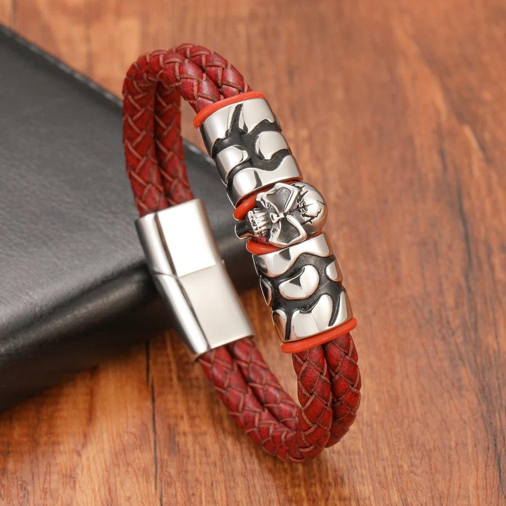 FZ Skull Double Woven Stainless Steel Magnetic Clasp Genuine Leather Bracelet