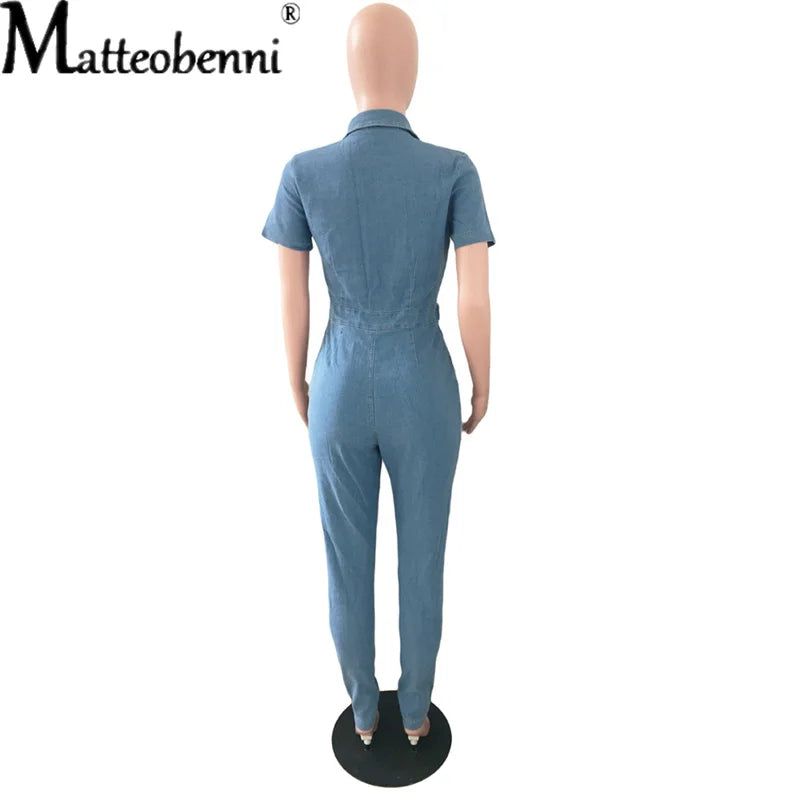 FZ Women Short Sleeve High Waist Skinny Turn Down Collar Denim Jumpsuit