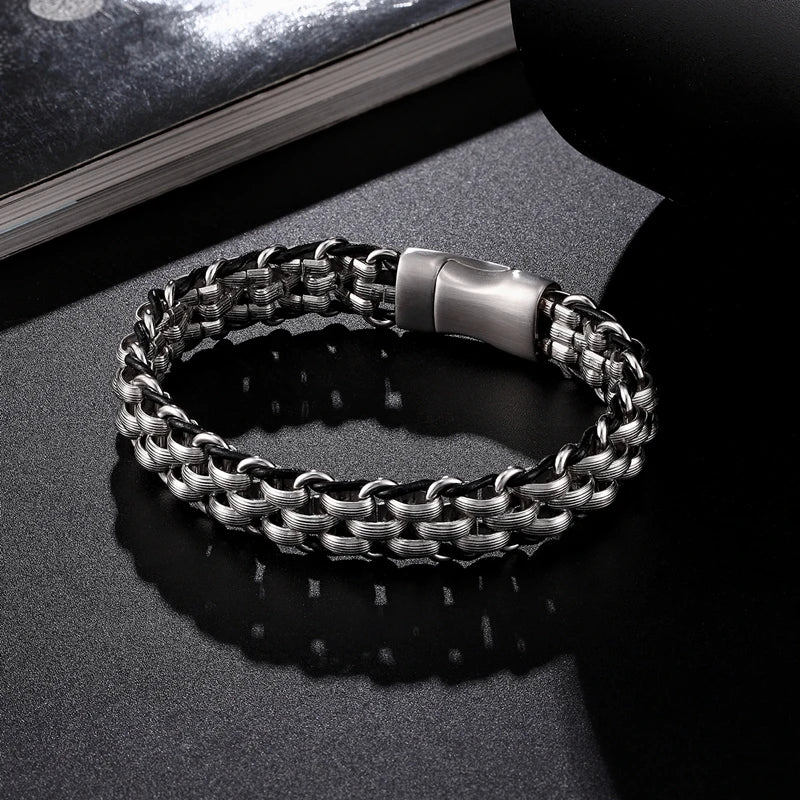FZ Stainless Steel Chain Leather Punk Biker Bracelet - FZwear