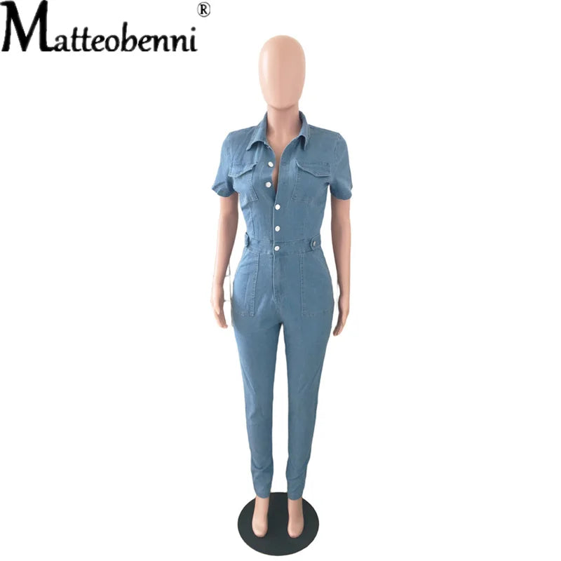 FZ Women Short Sleeve High Waist Skinny Turn Down Collar Denim Jumpsuit