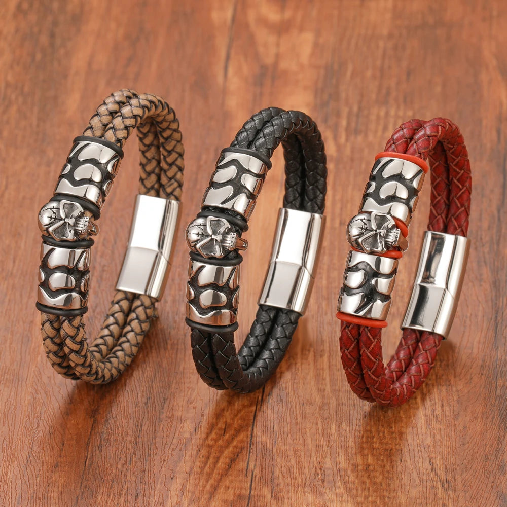 FZ Skull Double Woven Stainless Steel Magnetic Clasp Genuine Leather Bracelet