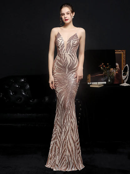 FZ Women's Strap Max Sequin Long Evening Dress