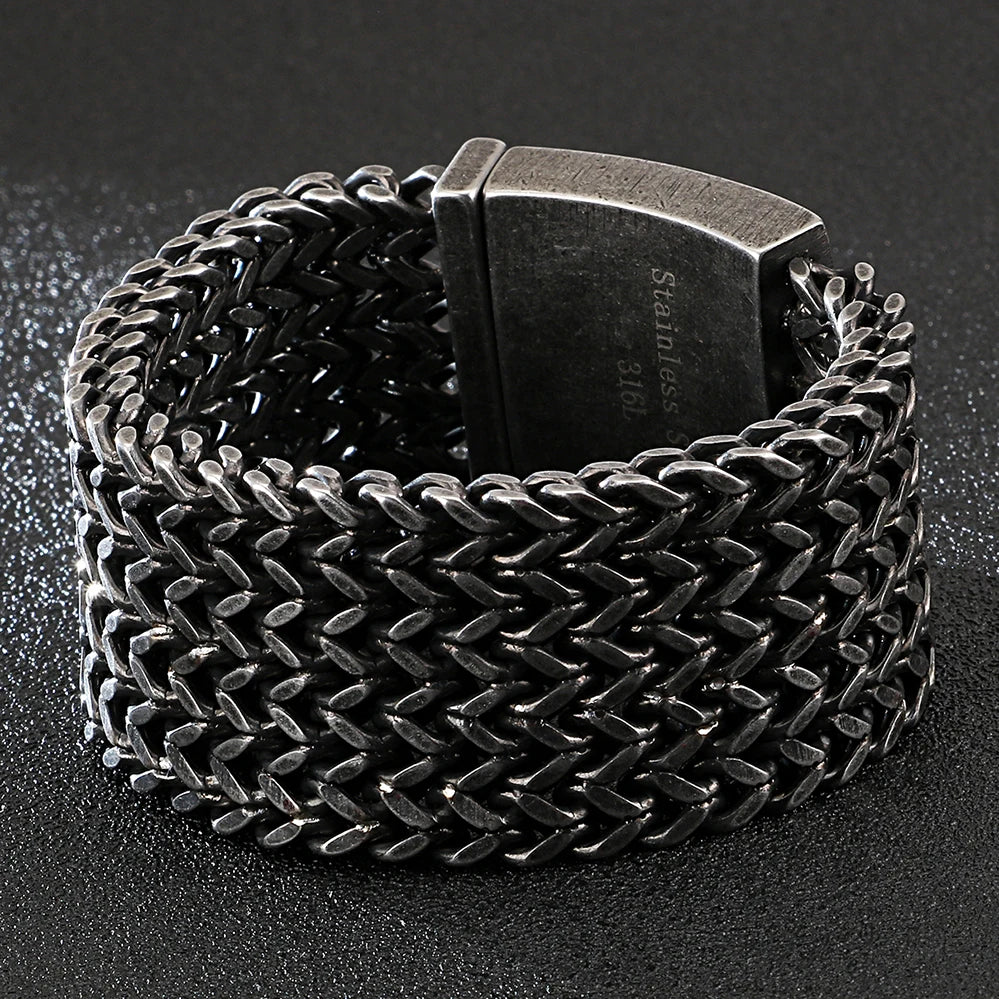 FZ Wide Black Stainless Steel Retro Massive Bracelet - FZwear