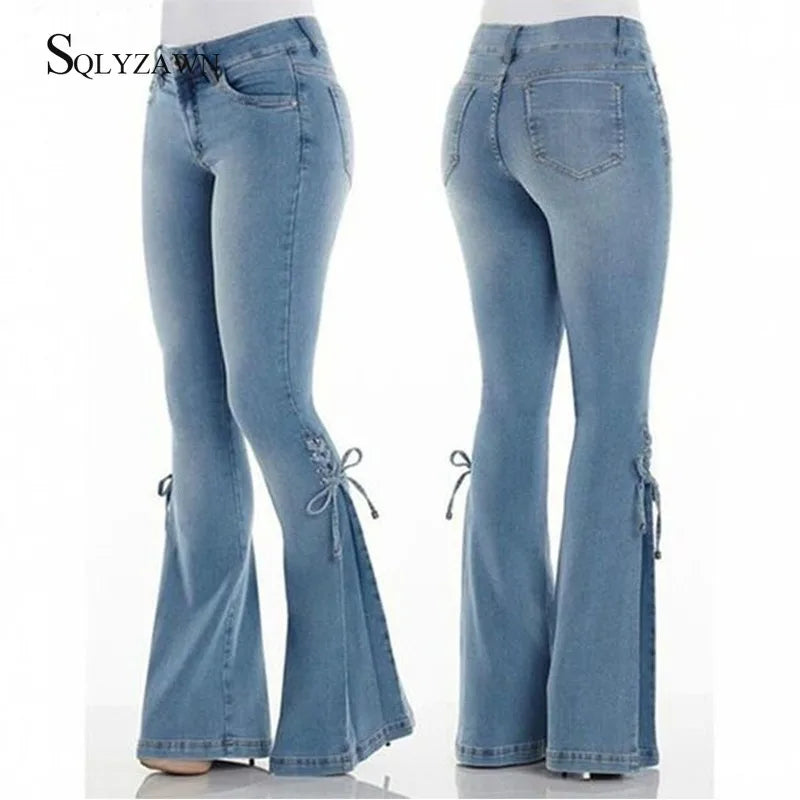 FZ Women's Streetwear Skinny Distressed Flare Lace Up Bell Bottom Denim Pants