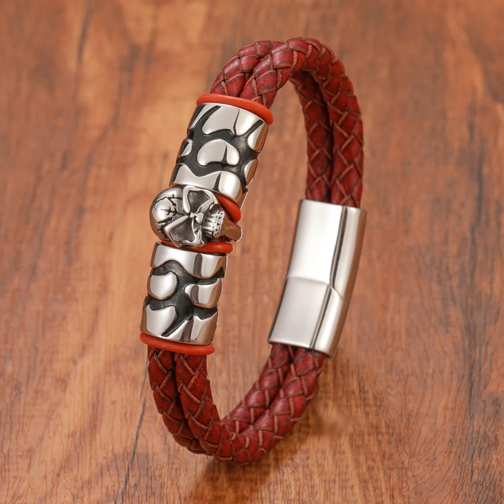 FZ Skull Double Woven Stainless Steel Magnetic Clasp Genuine Leather Bracelet