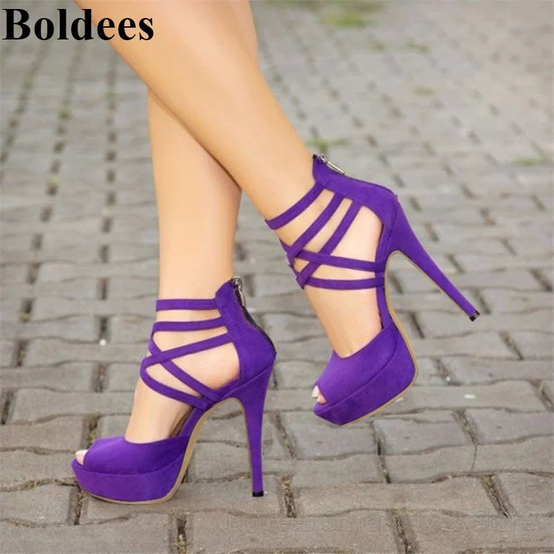FZ Women's Suede Leather Purple Cross Straps Platform Peep Toe High Heel Shoes - FZwear